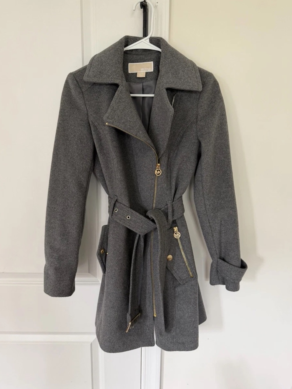 Michael Kors Charcoal Gray Wool-Blend Trench with Gold Hardware Accents
